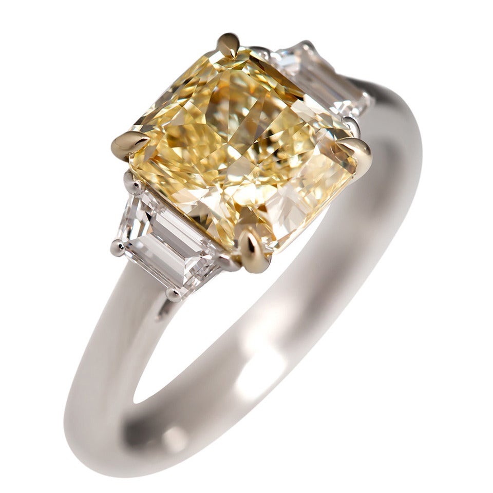 2.15 Carat GIA Cert Yellow Diamond Gold Platinum Engagement Ring For Sale