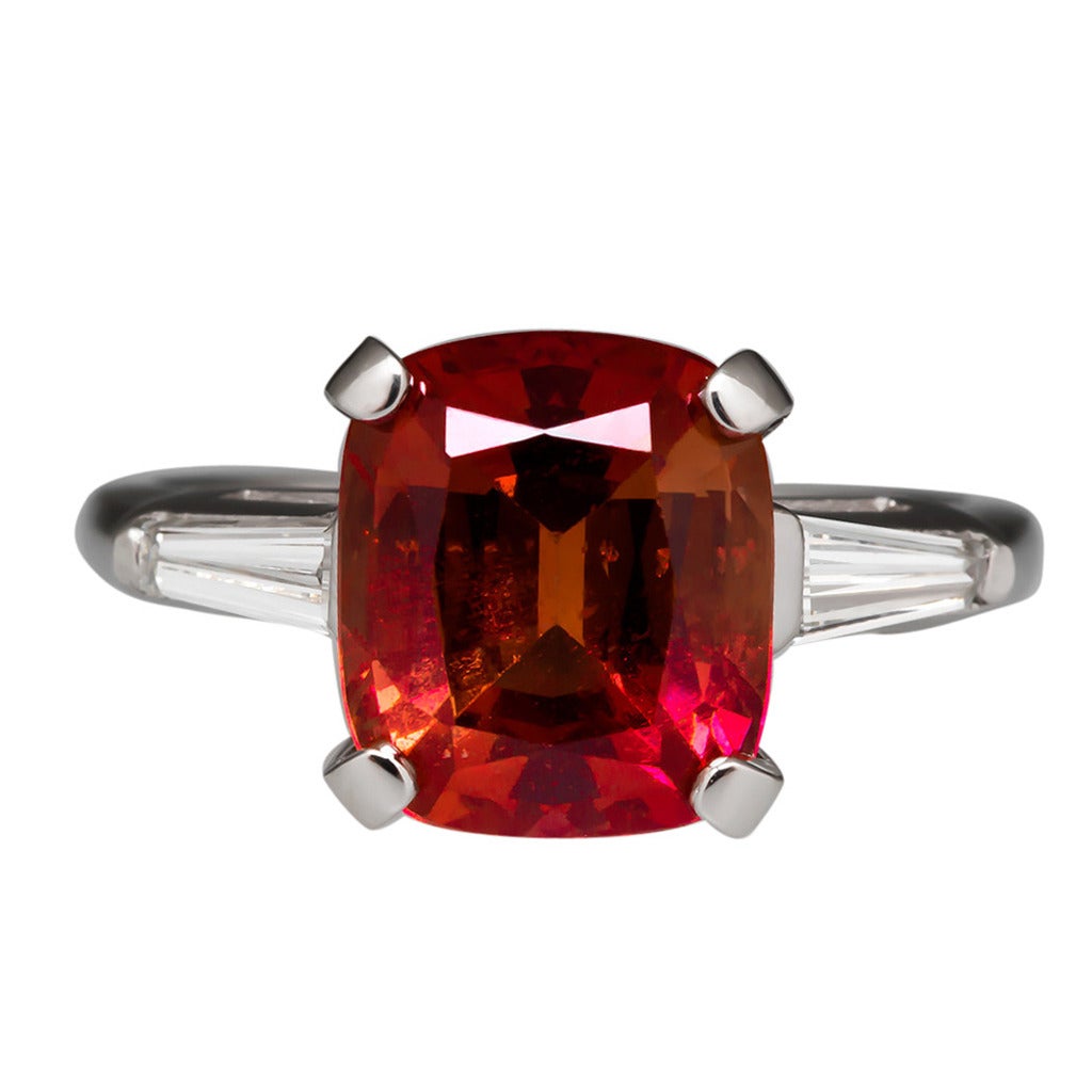 GIA Cert Reddish-Orange 4.73 Carat Sapphire Platinum Ring For Sale