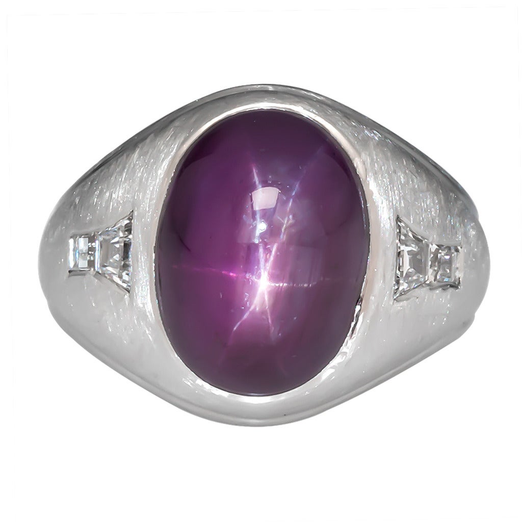 No Heat 11 Carat Star Cabochon Ruby Diamond Platinum Ring For Sale