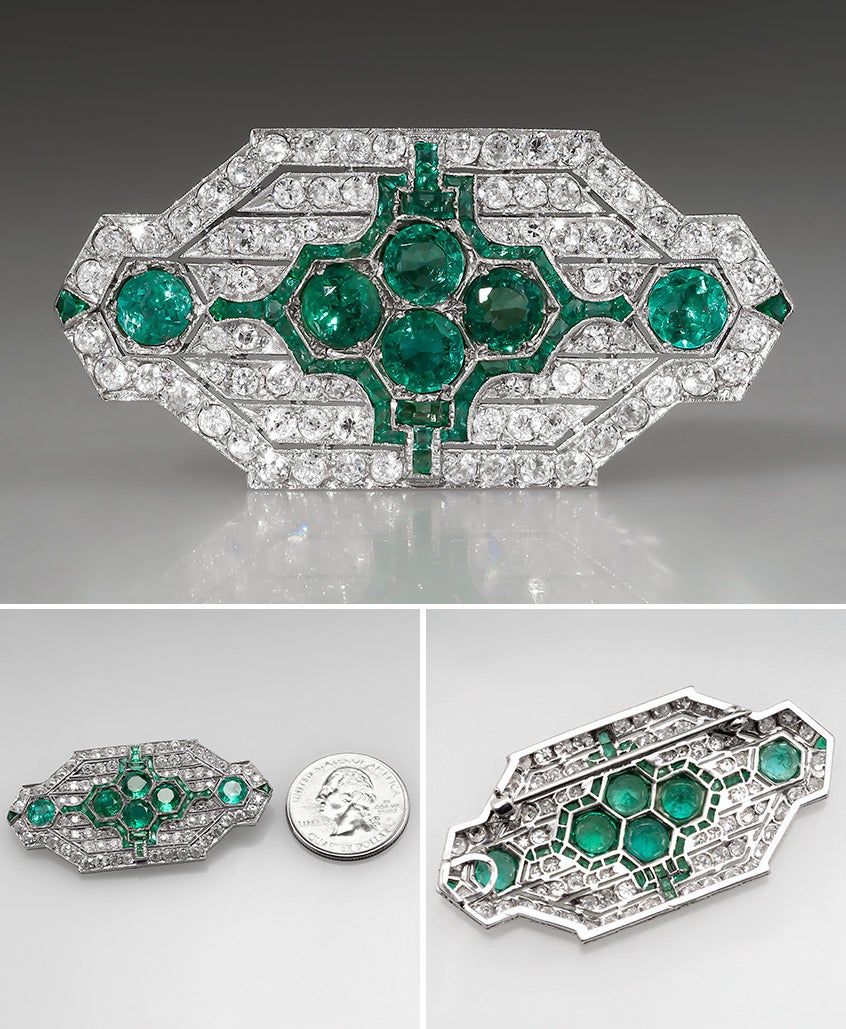 Art Deco Emerald Diamond Platinum Brooch In Good Condition For Sale In Bellevue, WA