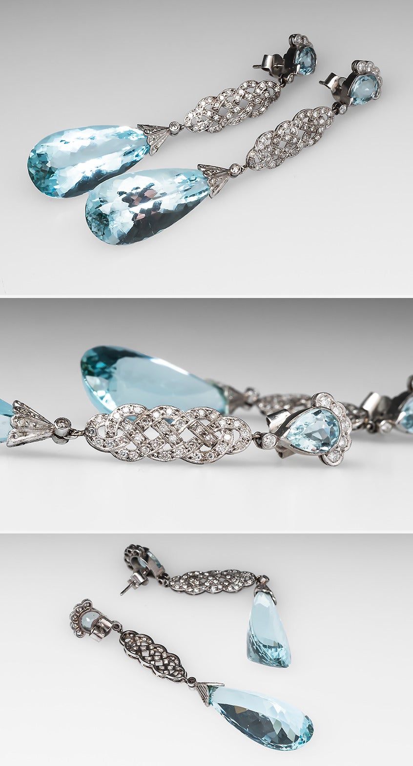 Aquamarine Diamond Platinum Chandelier Earrings In Excellent Condition For Sale In Bellevue, WA