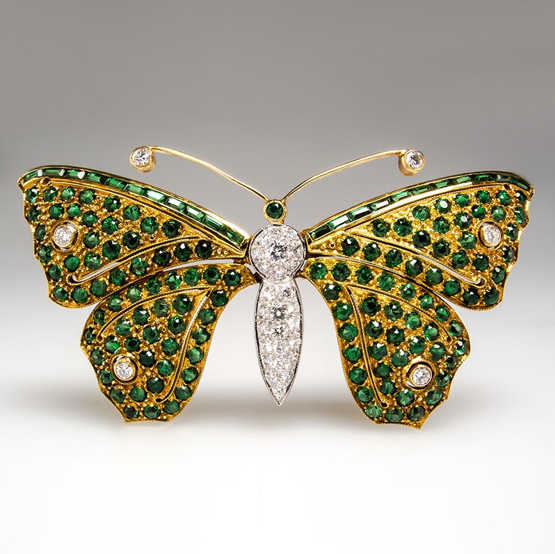 Tsavorite Garnet Diamond Gold Butterfly Brooch