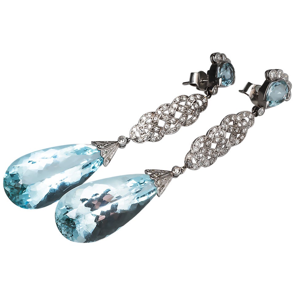 Aquamarine Diamond Platinum Chandelier Earrings For Sale