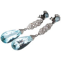 Vintage Aquamarine Diamond Platinum Chandelier Earrings