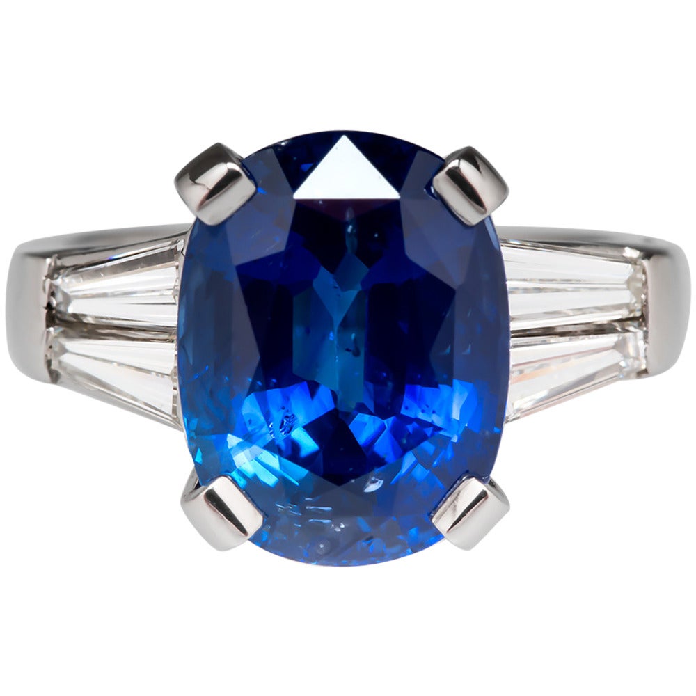 Sri Lanka GIA Cert Blue Sapphire Baguette Diamond Platinum Ring For Sale