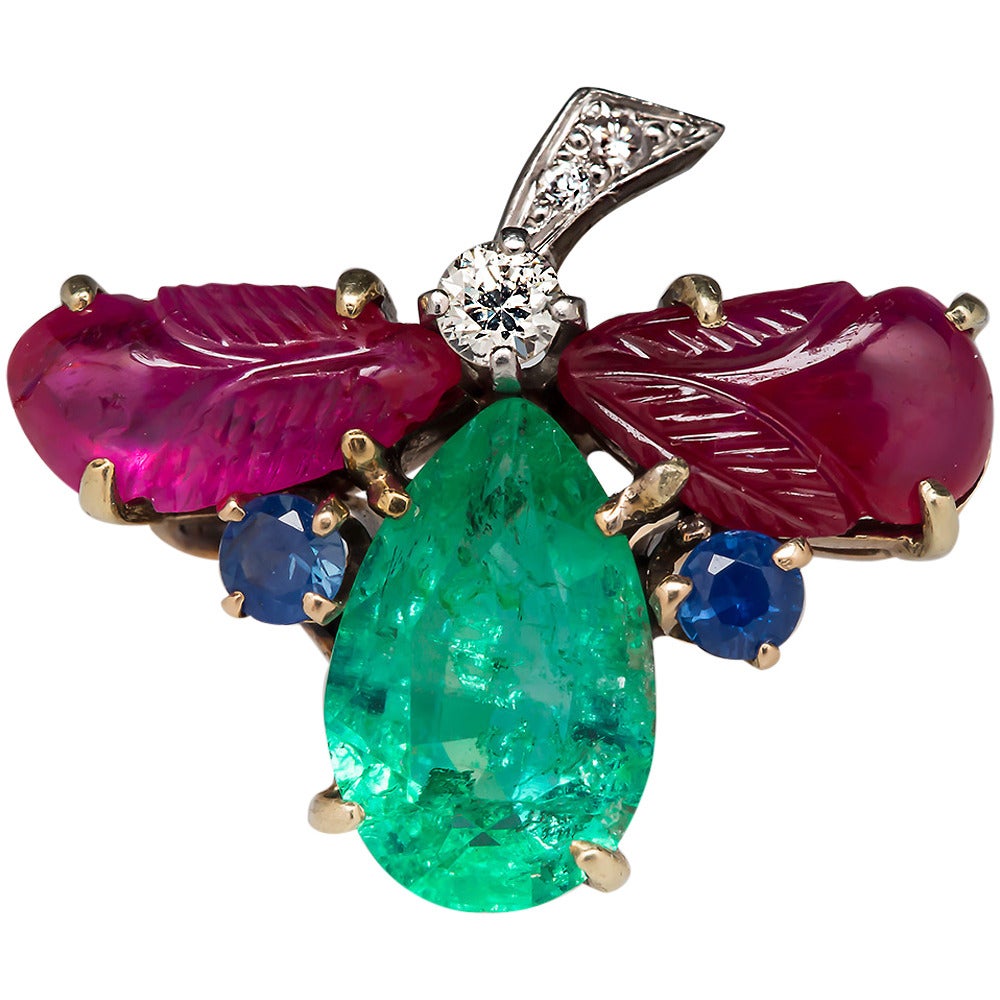 Emerald Ruby Sapphire Diamond Flower Ring