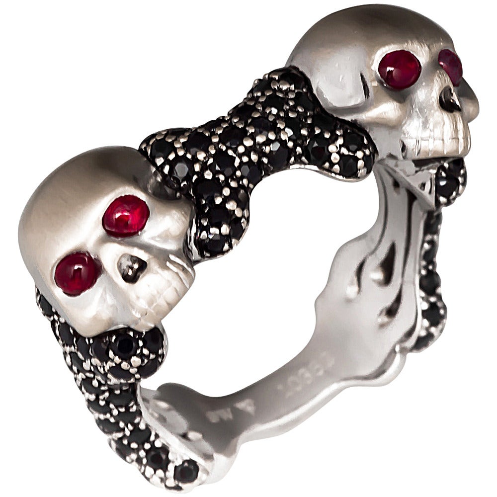 Stephen Webster Ruby Sapphire Gold Skull and Bones Ring For Sale