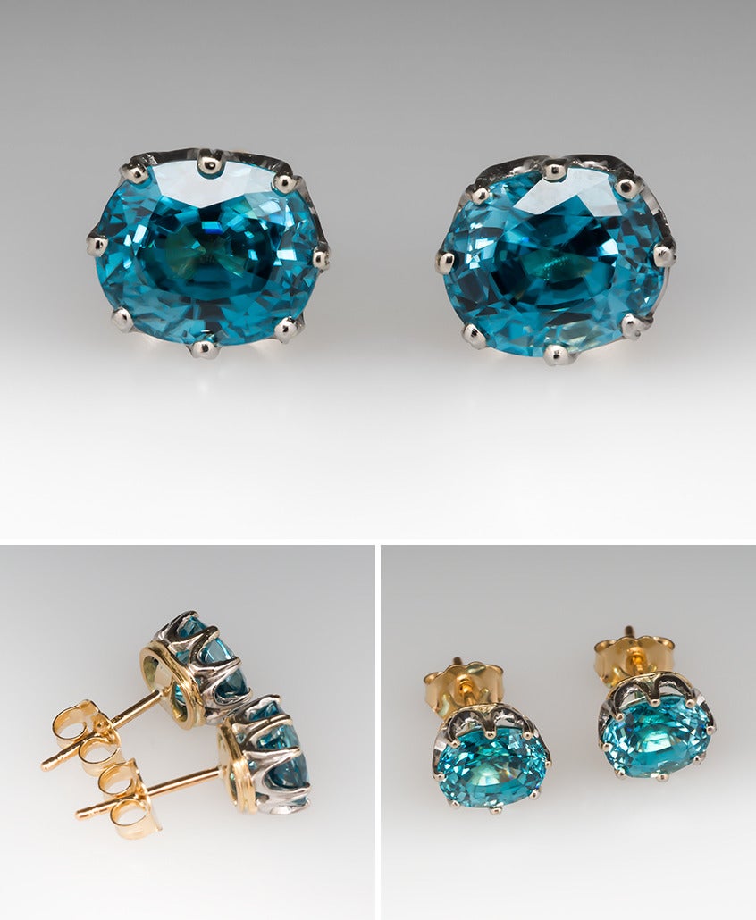 Antique Blue Zircon Crown Stud Platinum Earrings In Excellent Condition In Bellevue, WA