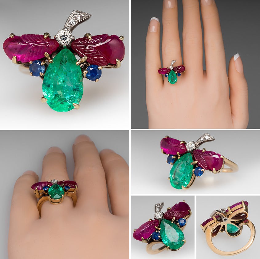 Emerald Ruby Sapphire Diamond Flower Ring In Excellent Condition In Bellevue, WA