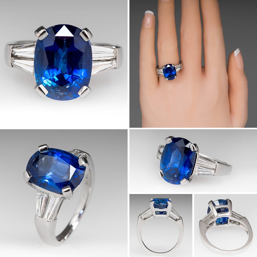 Sri Lanka GIA Cert Blue Sapphire Baguette Diamond Platinum Ring In Excellent Condition For Sale In Bellevue, WA