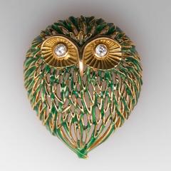 Green Enamel Diamond Gold Owl Brooch Pin