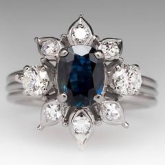 Retro Blue Sapphire Diamond Gold Starburst Cocktail Ring