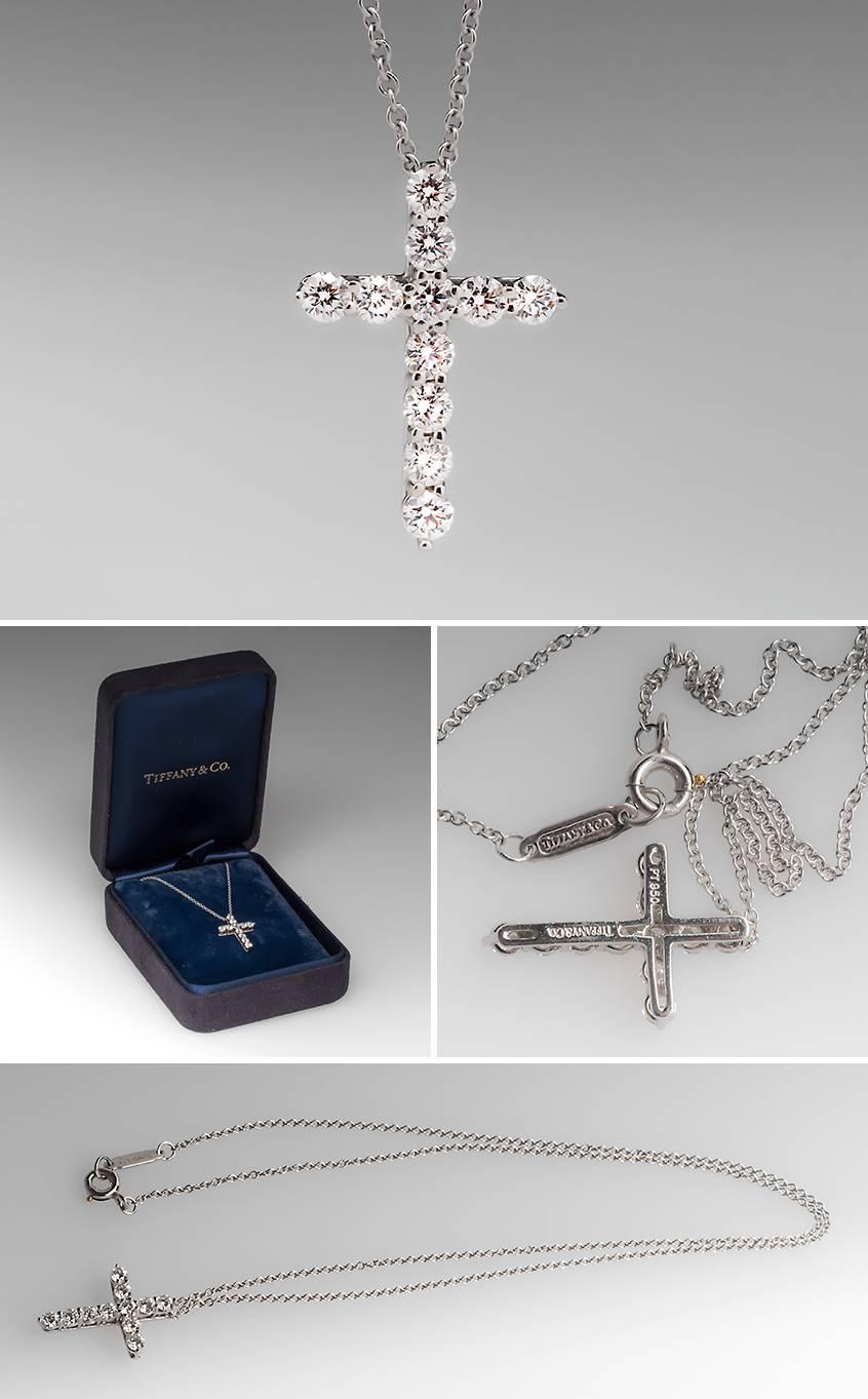 Tiffany & Co. Diamond Platinum Cross Pendant Necklace  In Excellent Condition In Bellevue, WA