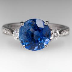 3.45 Carat Round Blue Sapphire Diamond Platinum Engagement Ring