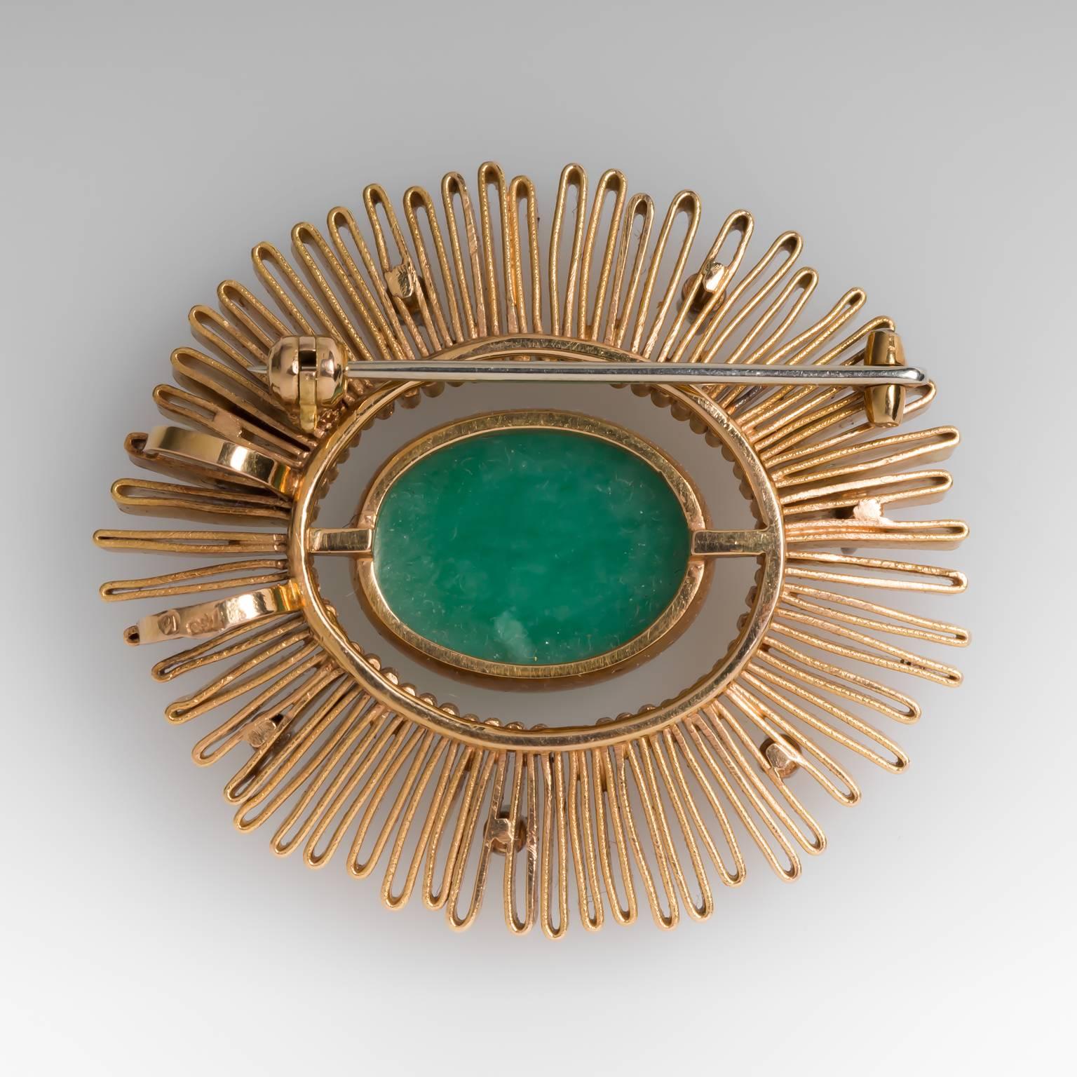 Retro Mid-Century Jadeite Jade Gold Brooch Pin Pendant For Sale