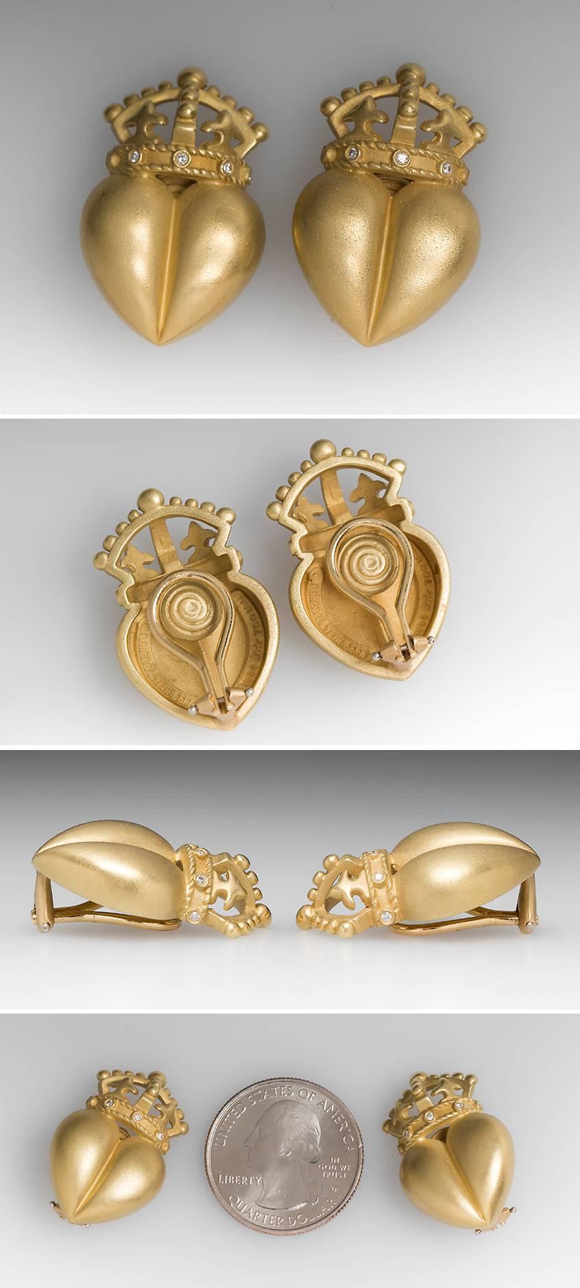 Barry Kieselstein Cord Diamond gold Trim Heart Crown Earrings In New Condition In Bellevue, WA