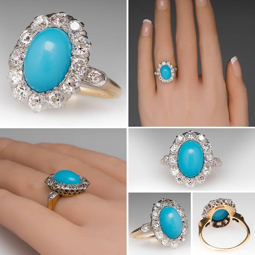 Late Victorian Era Turquoise Old Diamond Halo Ring In Excellent Condition For Sale In Bellevue, WA