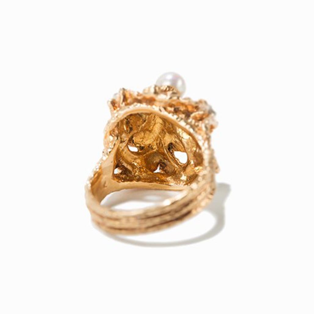 Modern Ladies Gold Ring with Pearls and Diamonds, 1950s For Sale