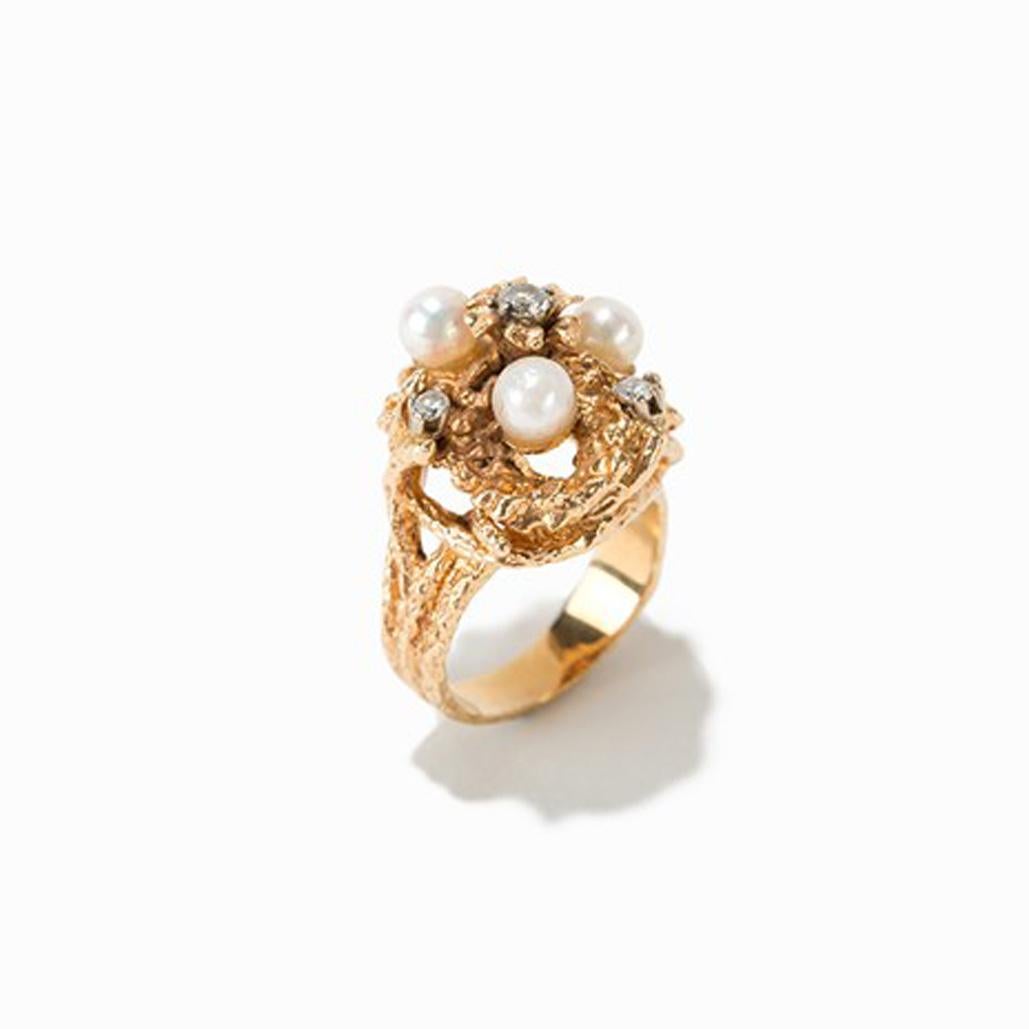 Women's Ladies Gold Ring with Pearls and Diamonds, 1950s For Sale