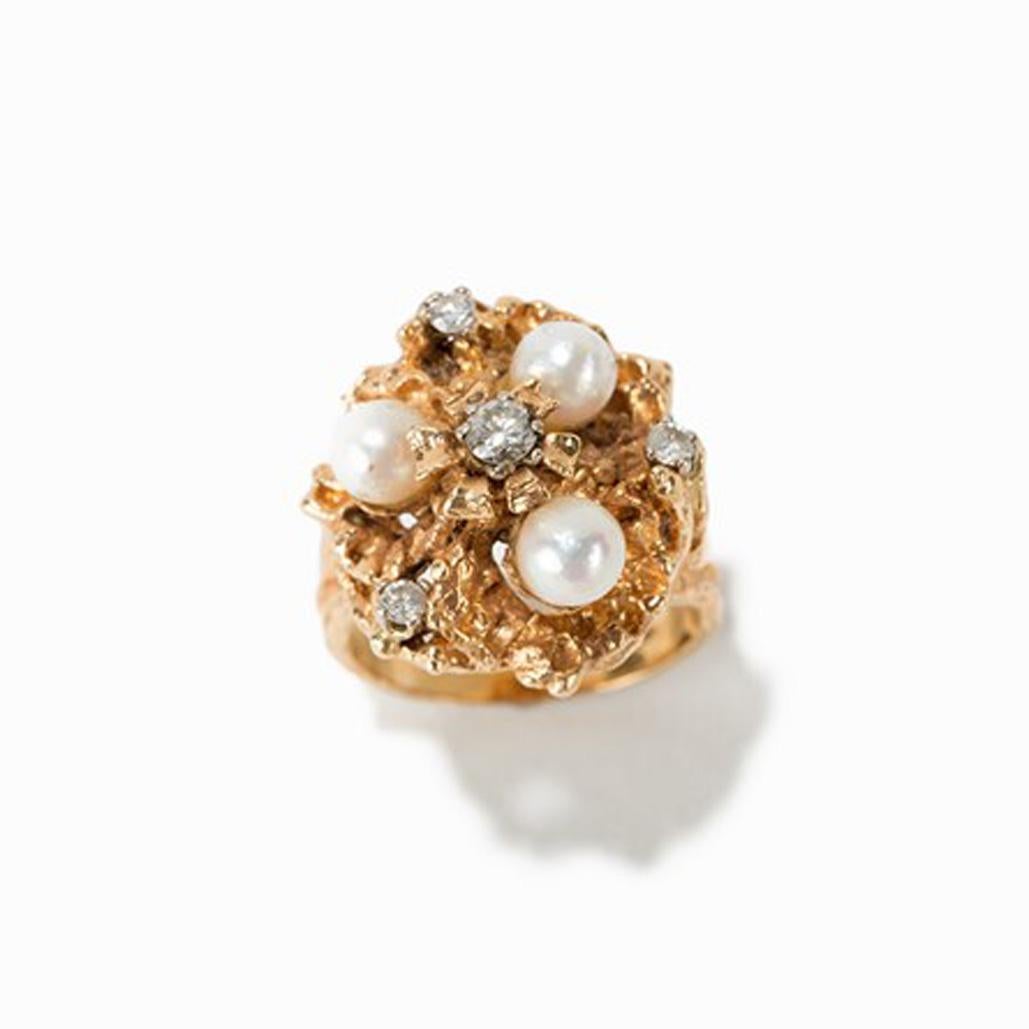 Ladies Gold Ring with Pearls and Diamonds, 1950s For Sale 1