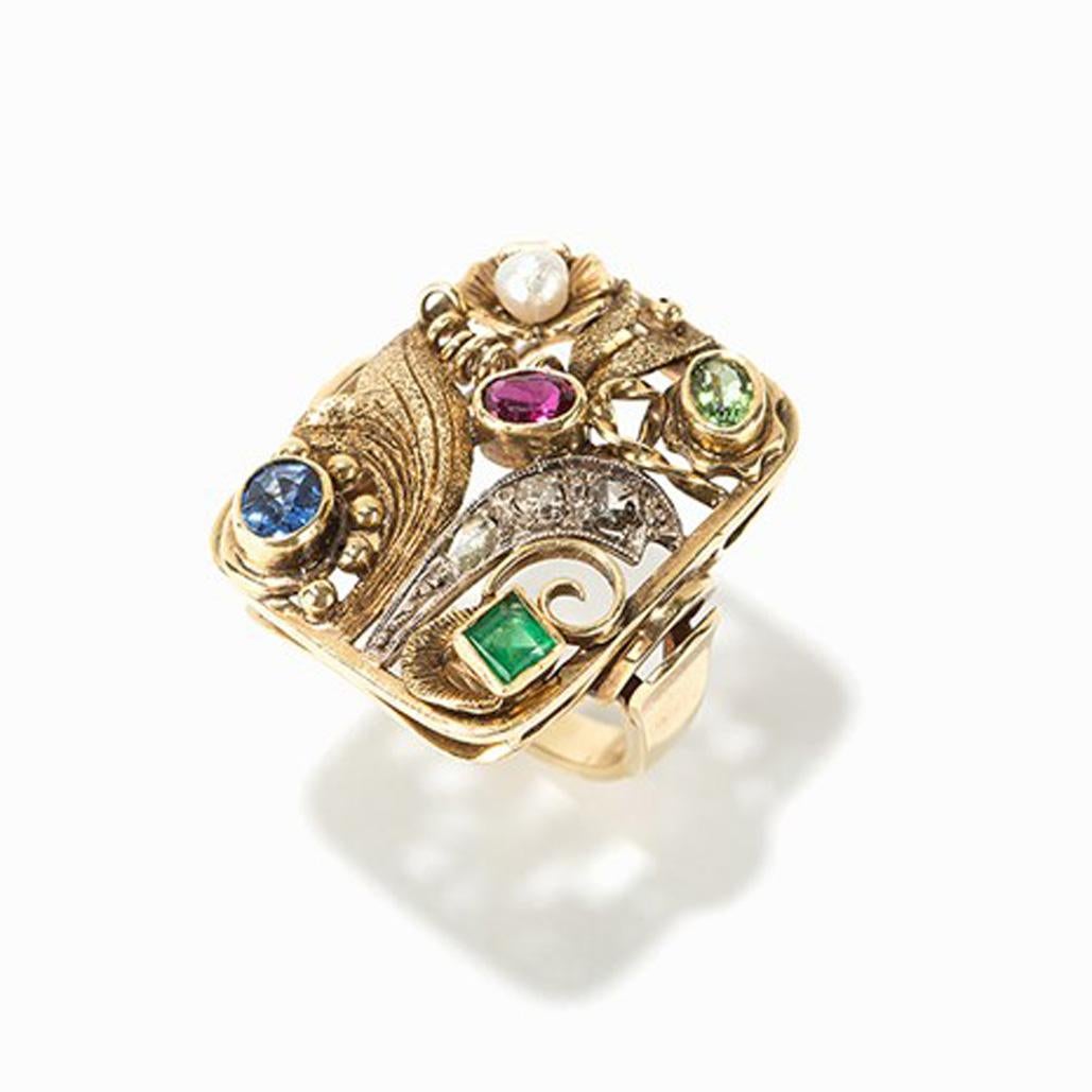 Ladies Gold Ring with Different Gemstones, 1920s 2