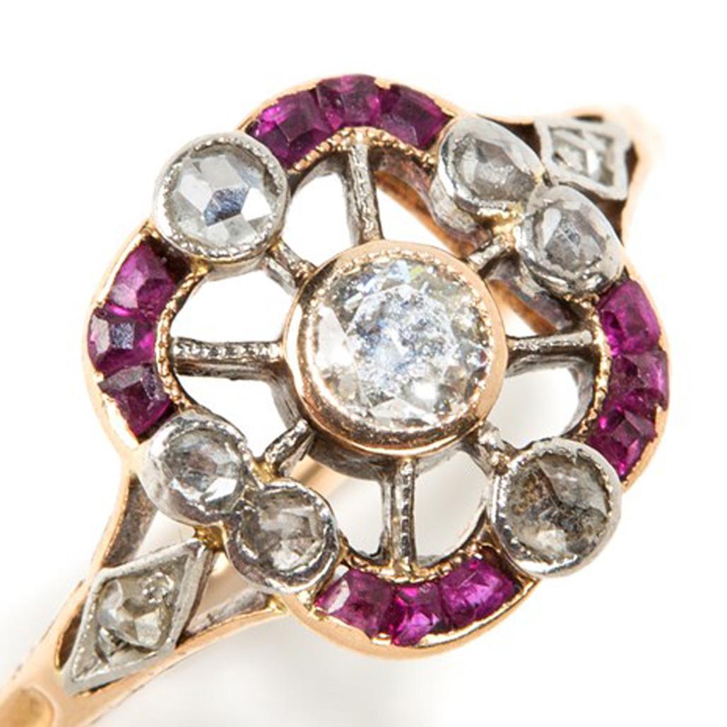 Women's Yellow Gold Ring with Diamonds and Rubies, 18 Carat, circa 1900