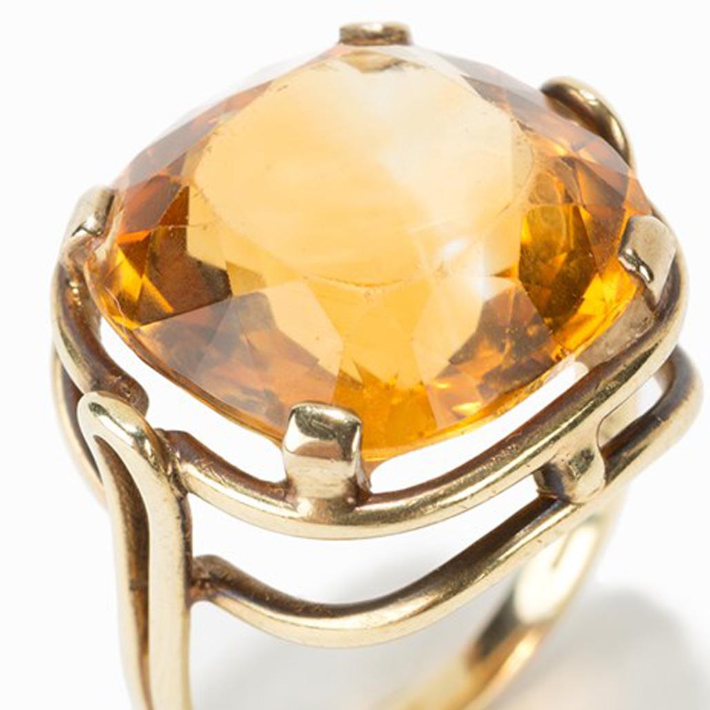 Art Deco Gold Ring with Cushion Cut Citrine, 14 Carat, 1920s