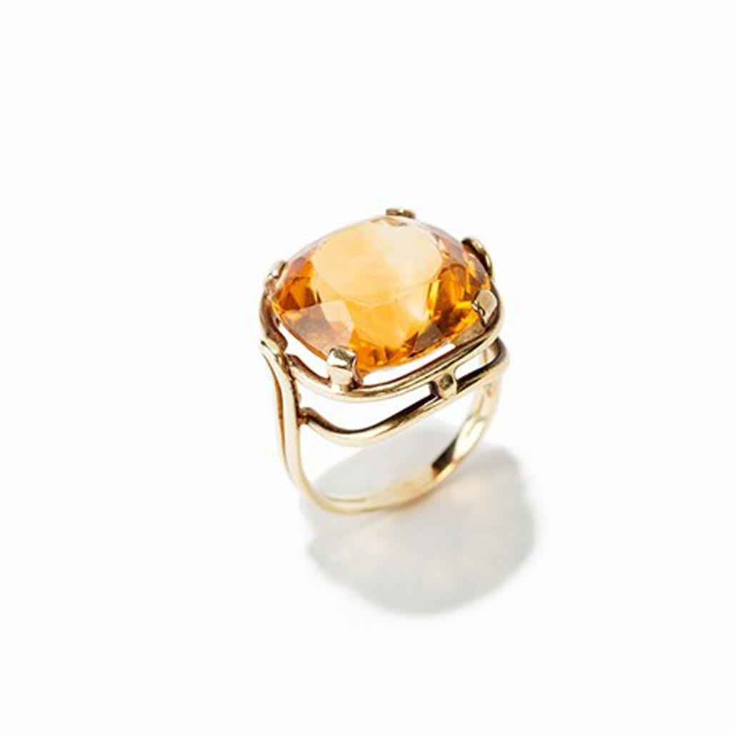Gold Ring with Cushion Cut Citrine, 14 Carat, 1920s 2