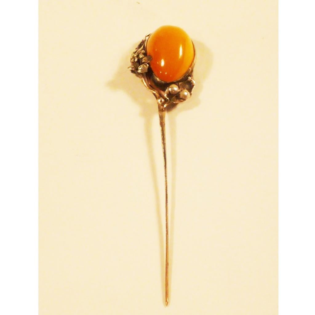 Art Deco Art Nouveau Hat Reverse Pin in Amber and Silver, circa 1910-1920