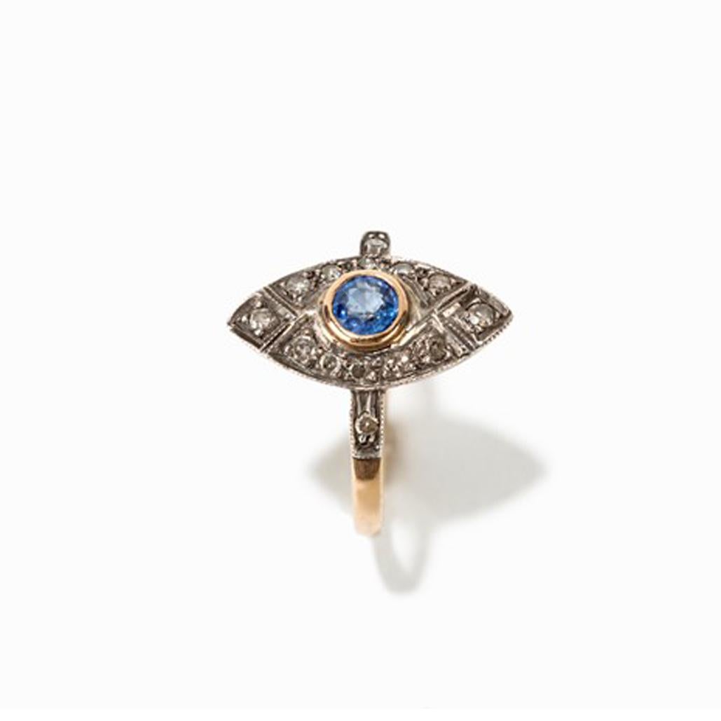 Round Cut Marquis Ring with Sapphire and 12 Diamonds, circa 1920