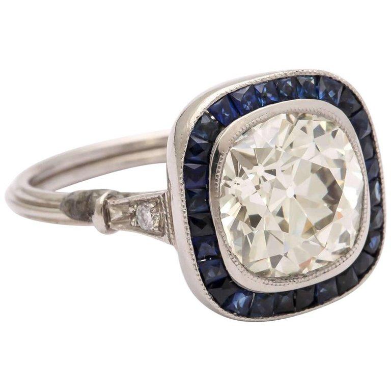Vintage Cushion-cut Diamond  Engagement Ring  2.60cts with Natural Sapphire Halo