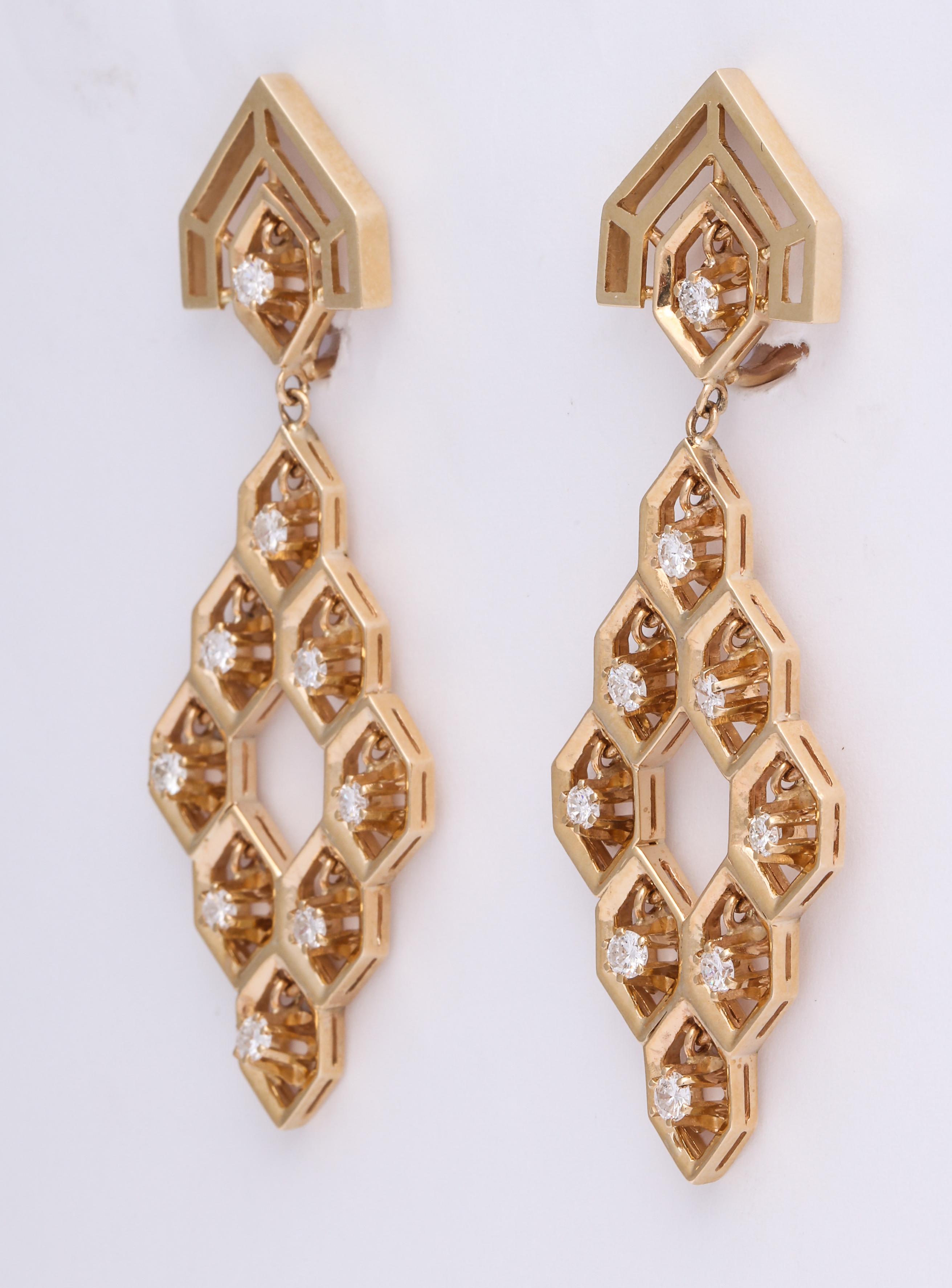 Modernist Dangling Diamonds in a Gold Honeycomb For Sale