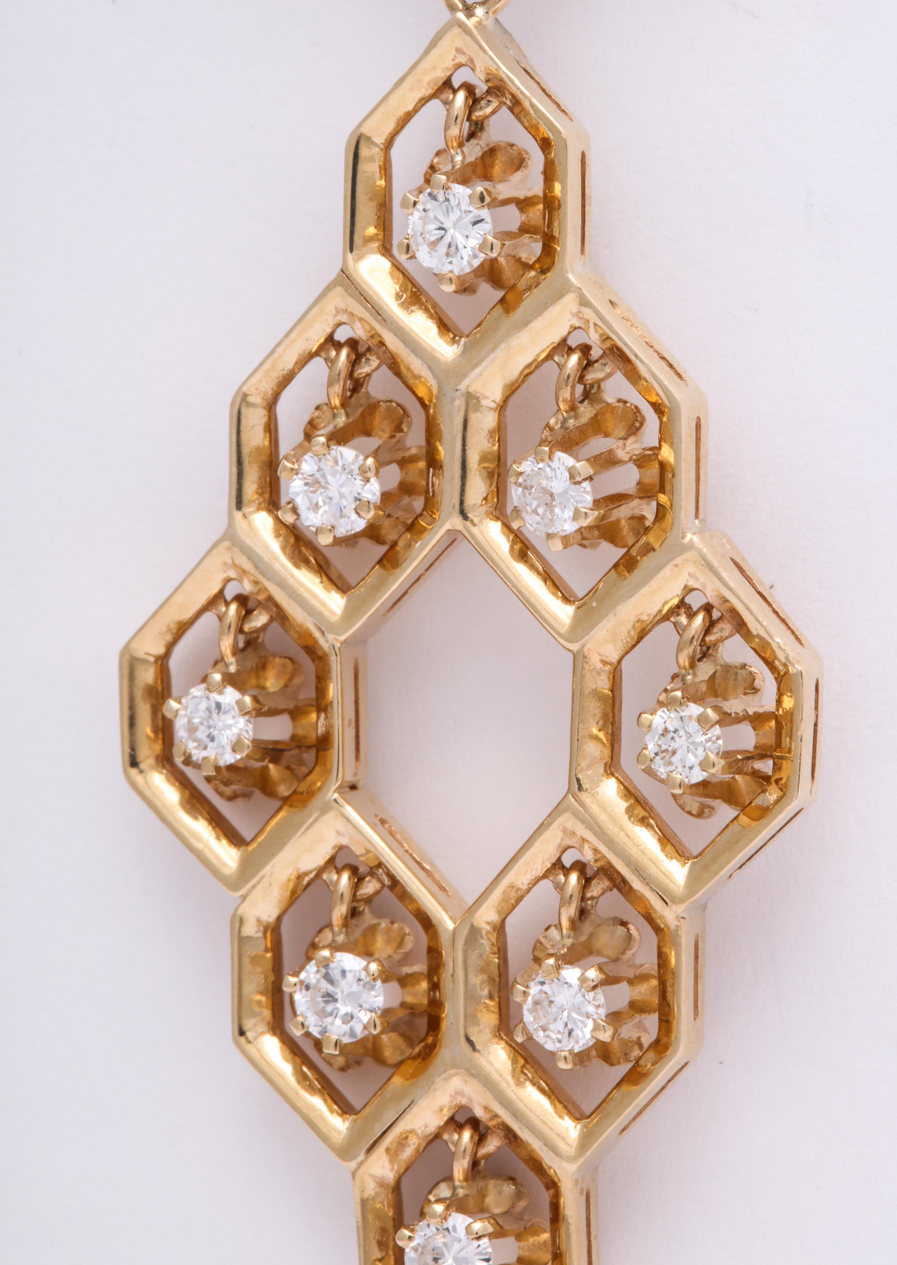 Women's Dangling Diamonds in a Gold Honeycomb For Sale