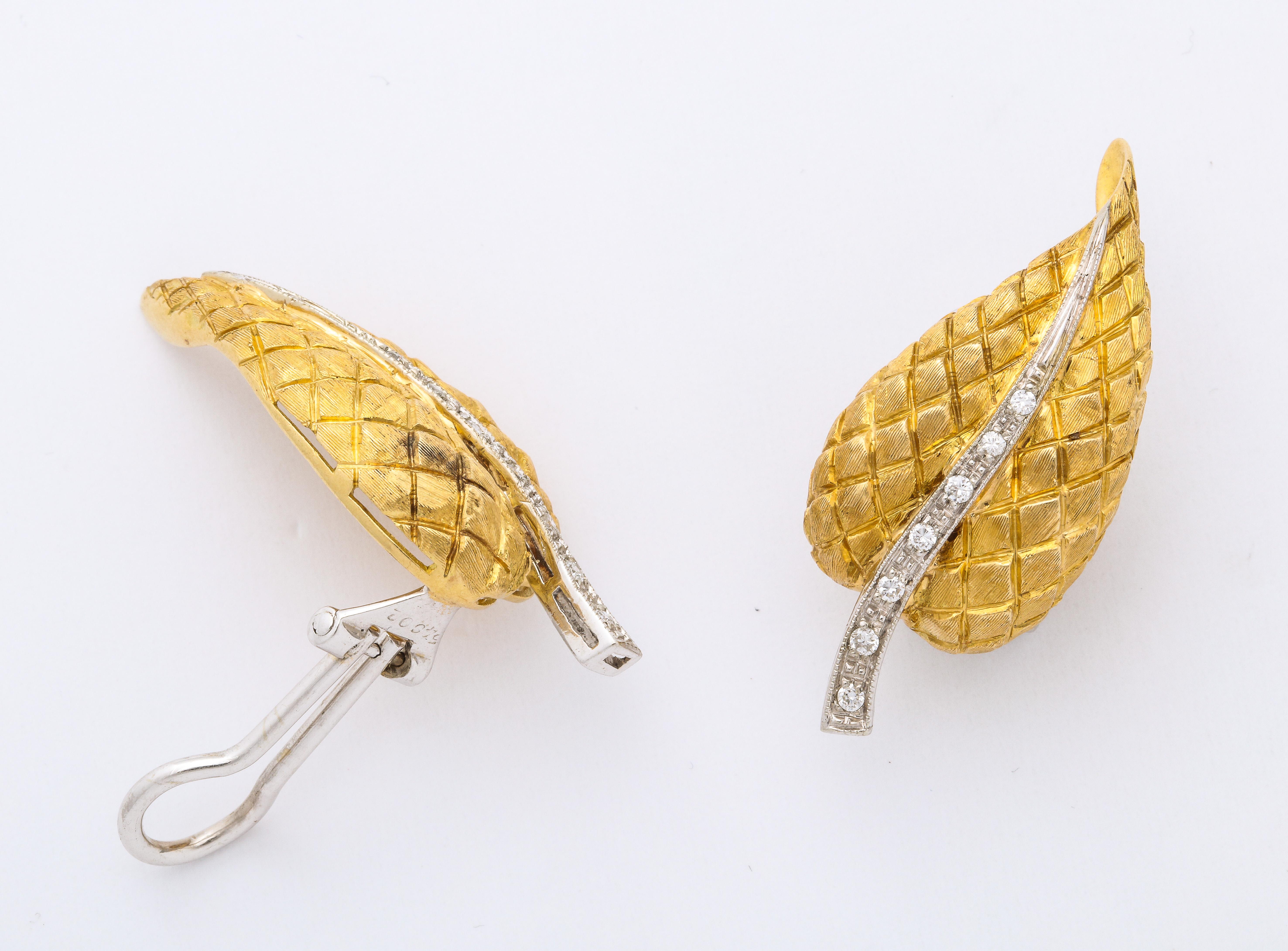 Modern Cartier Leaf Form Clip Earrings with Diamond Stem