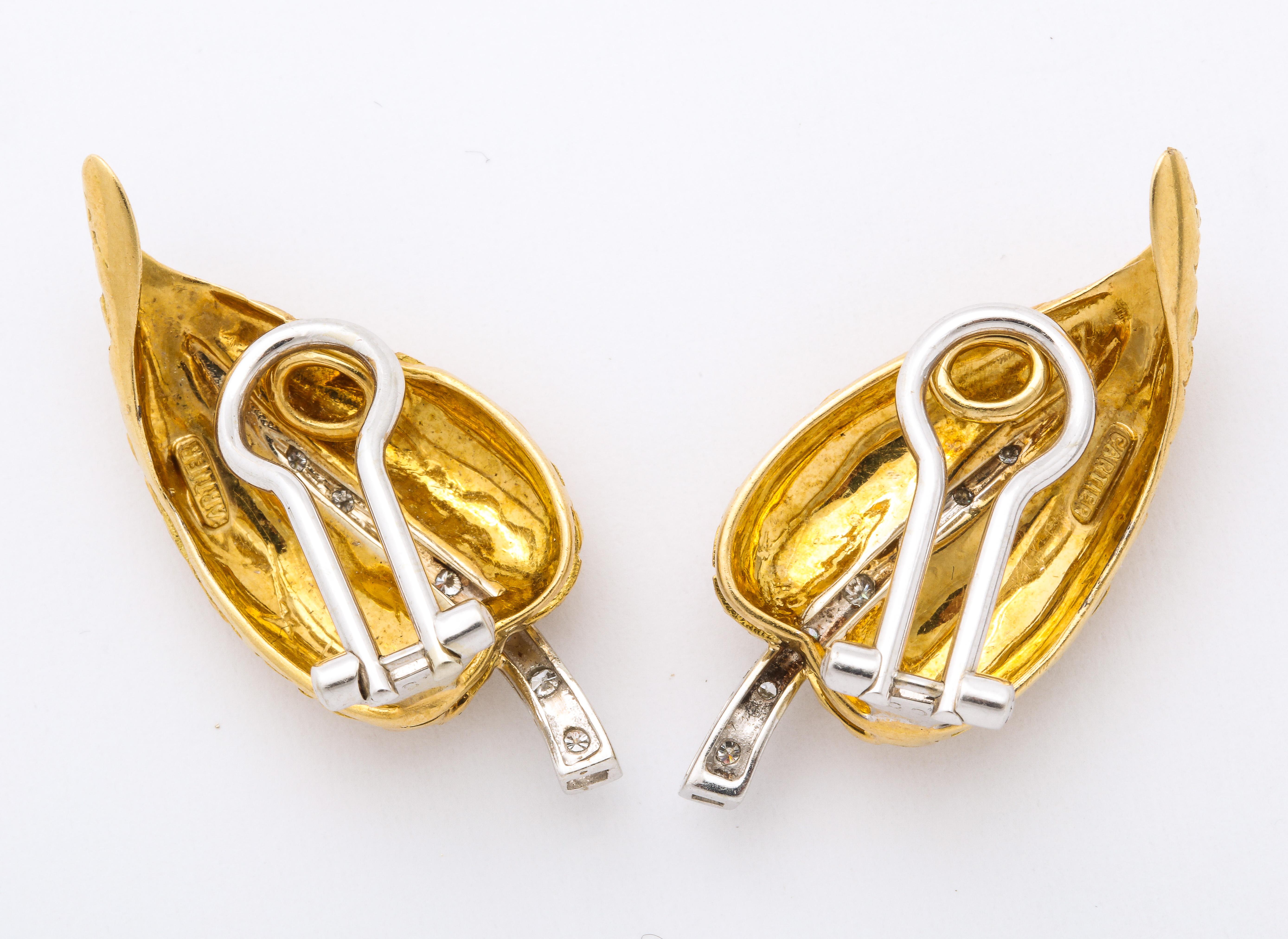Cartier Leaf Form Clip Earrings with Diamond Stem In Good Condition In New York, NY