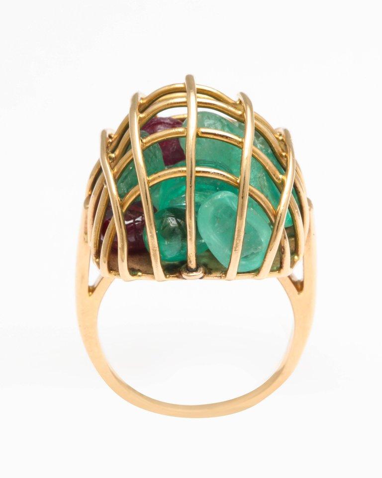 Gold Caged Gemstone Ring with Emeralds and Rubies In Good Condition In New York, NY