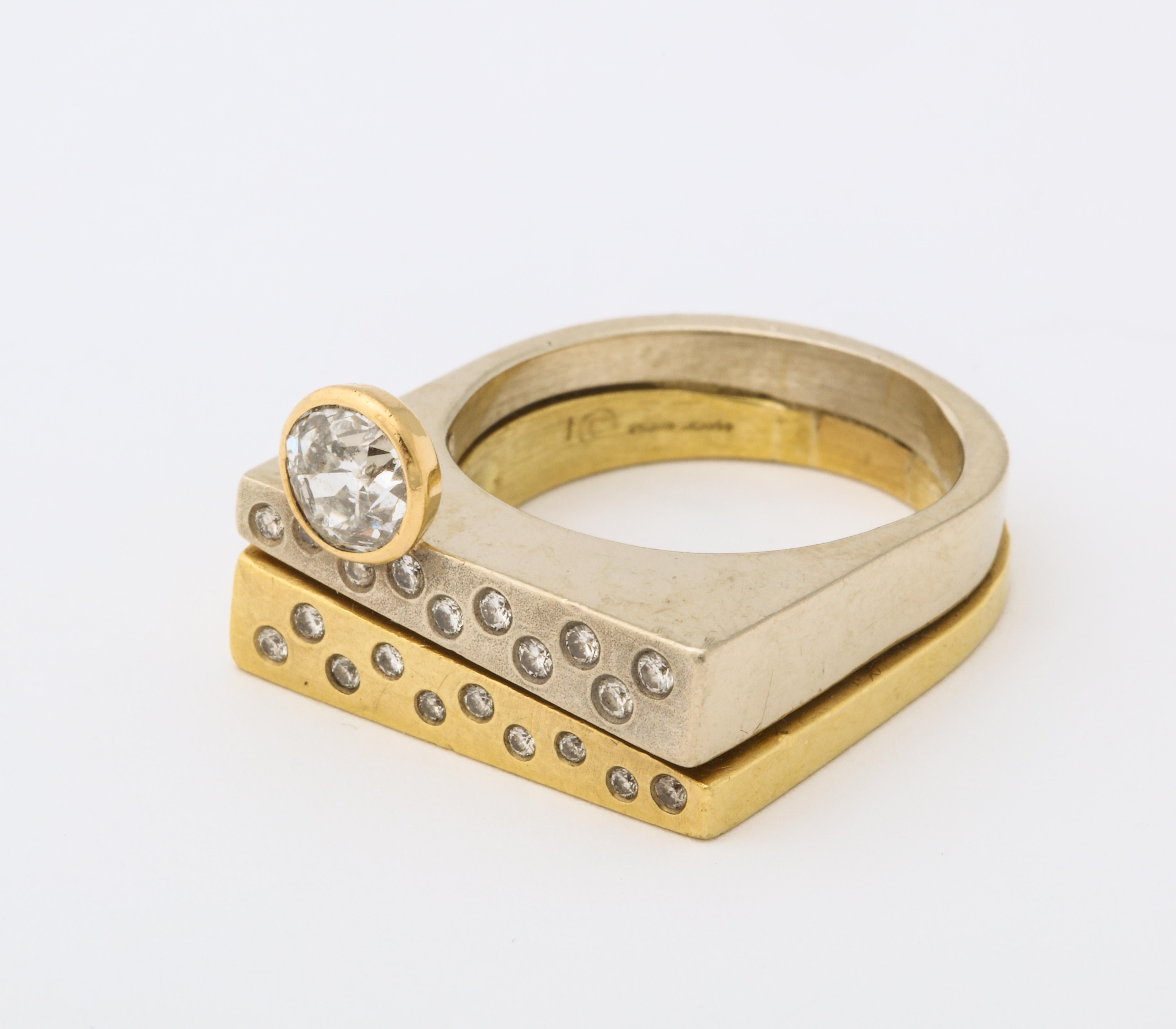 Round Cut Modernist Two-Color Gold Ring with Diamonds For Sale