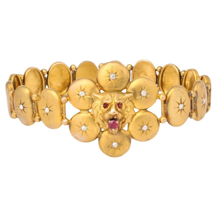 Victorian  Lion Bracelet with Ruby and Diamonds 14K Gold For Sale