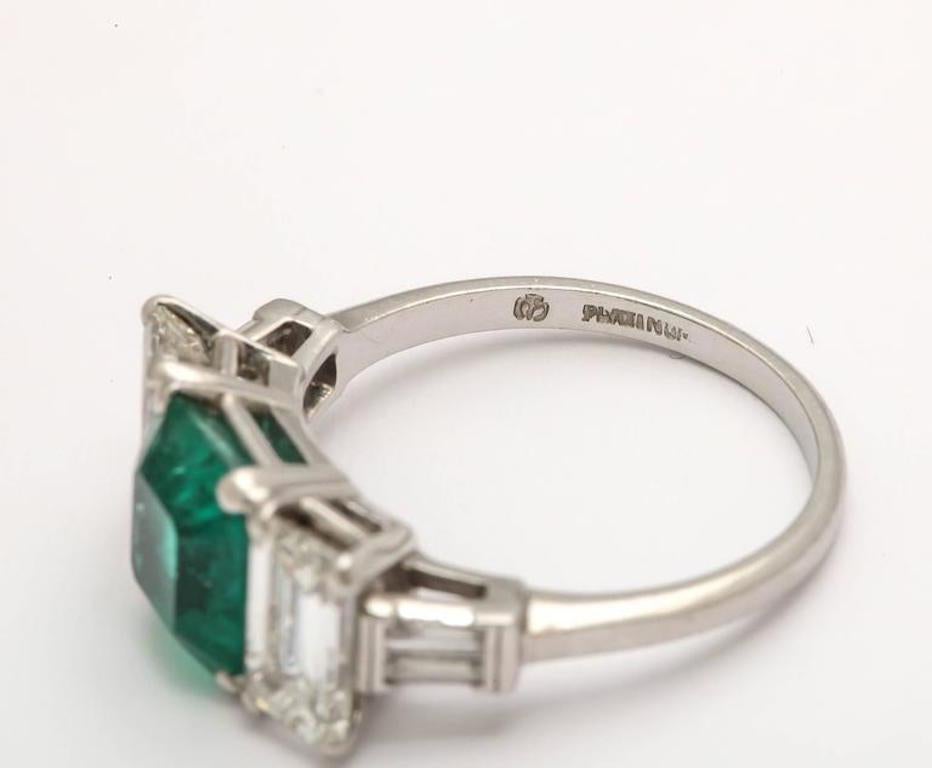Art Deco Emerald and Diamond 3-Stone Ring Set in Platinum 4
