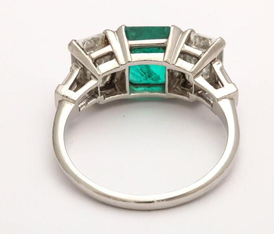 Art Deco Emerald and Diamond 3-Stone Ring Set in Platinum 1