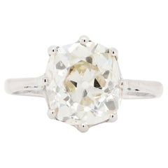 3.60ct Old Mine Cushion Cut Diamond Solitaire 18k Gold Engagement Ring, c.1920s