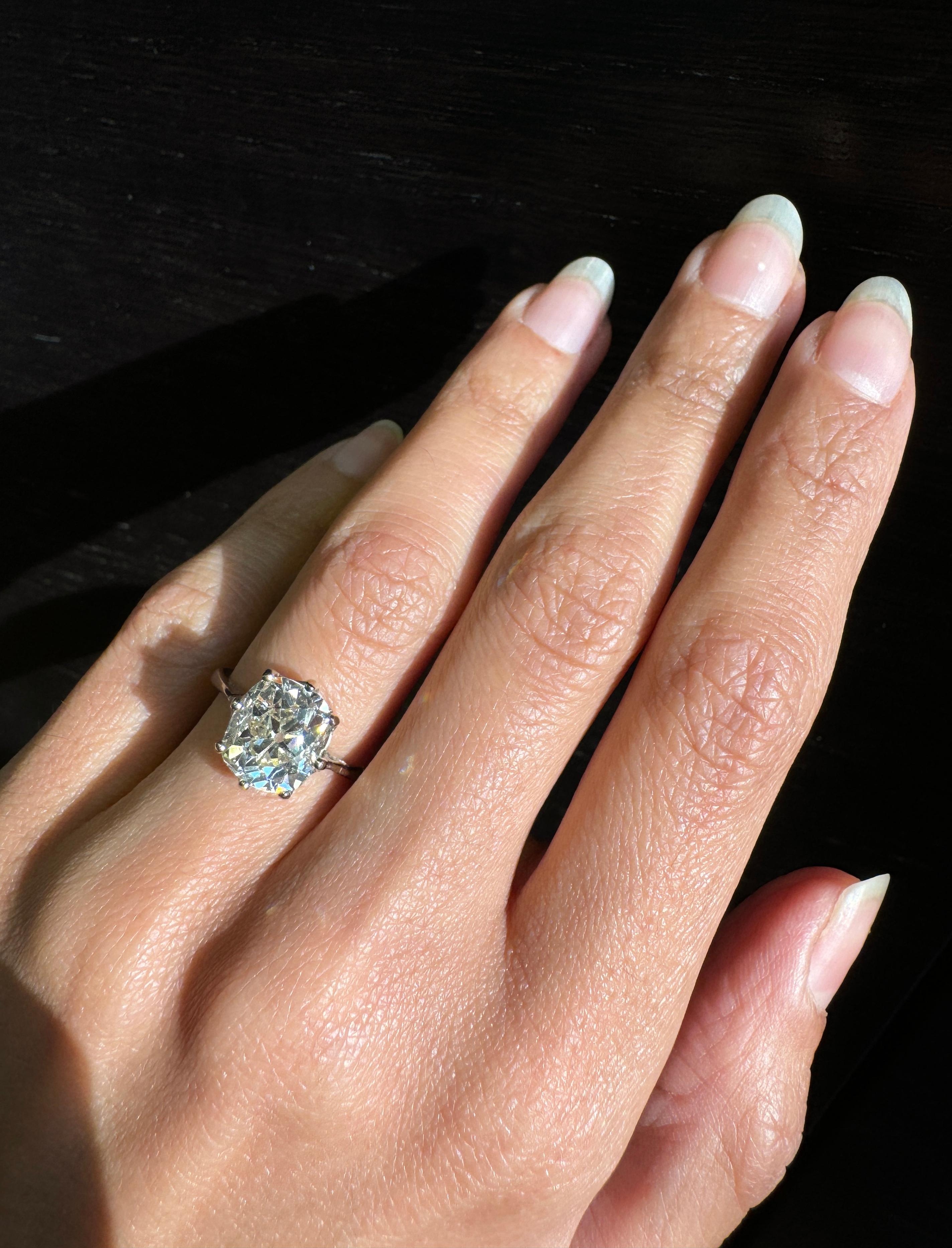 Women's 3.60ct Old Mine Cushion Cut Diamond Solitaire 18k Gold Engagement Ring, c.1920s