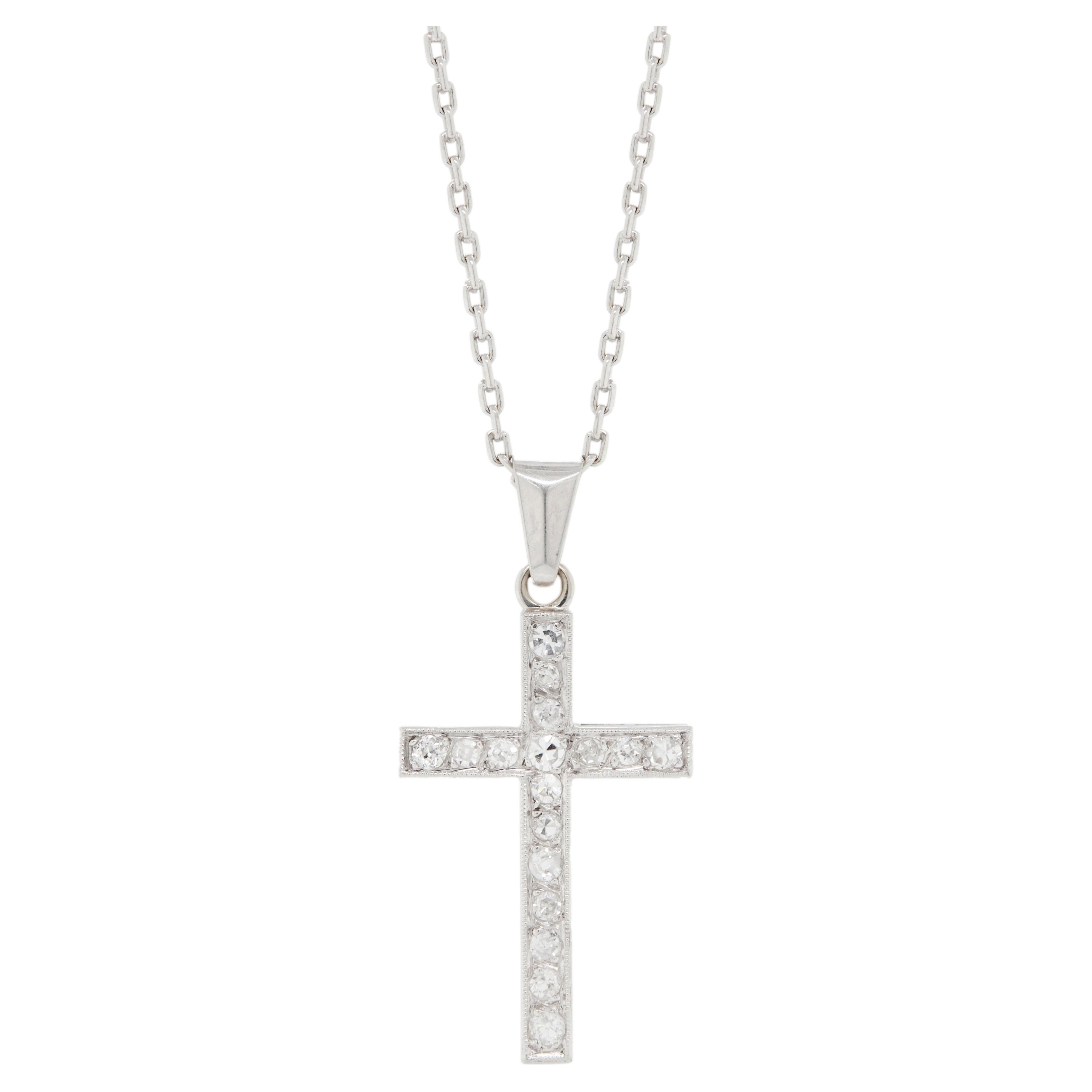 Vintage Old Cut Diamond and 18 Carat White Gold Cross Pendant Necklace