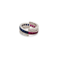 Art Deco Ruby, Sapphire and Diamond Reversible Band Cocktail Ring in 18K Gold