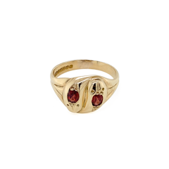Bague de cocktail vintage en or jaune 9 carats avec grenat et motif de serpent à deux têtes, 1959
