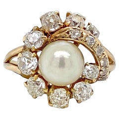 Anello da cocktail in oro giallo 14 carati con perla vintage e diamante a taglio Old Mine