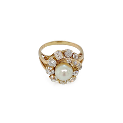 Anello da cocktail in oro giallo 14 carati con perla vintage e diamante a taglio Old Mine