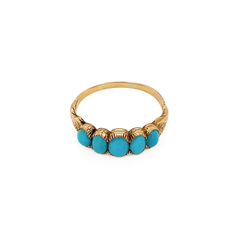 Bague ancienne ovale en turquoise et or 15 carats, ornée de cinq pierres et gravée à la main, vers les années 1860