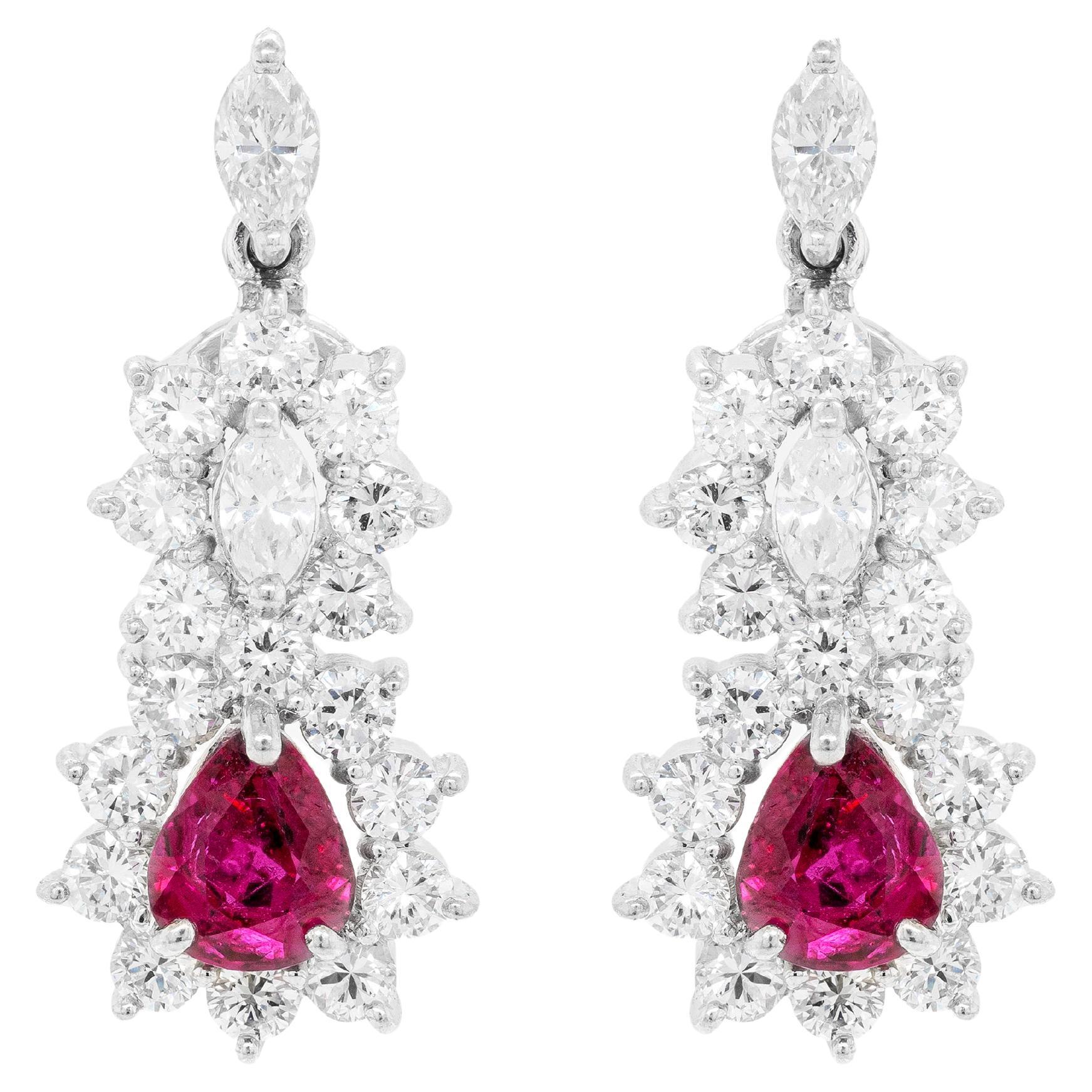 Ruby and Diamond 18 Carat White Gold Cluster Earrings For Sale