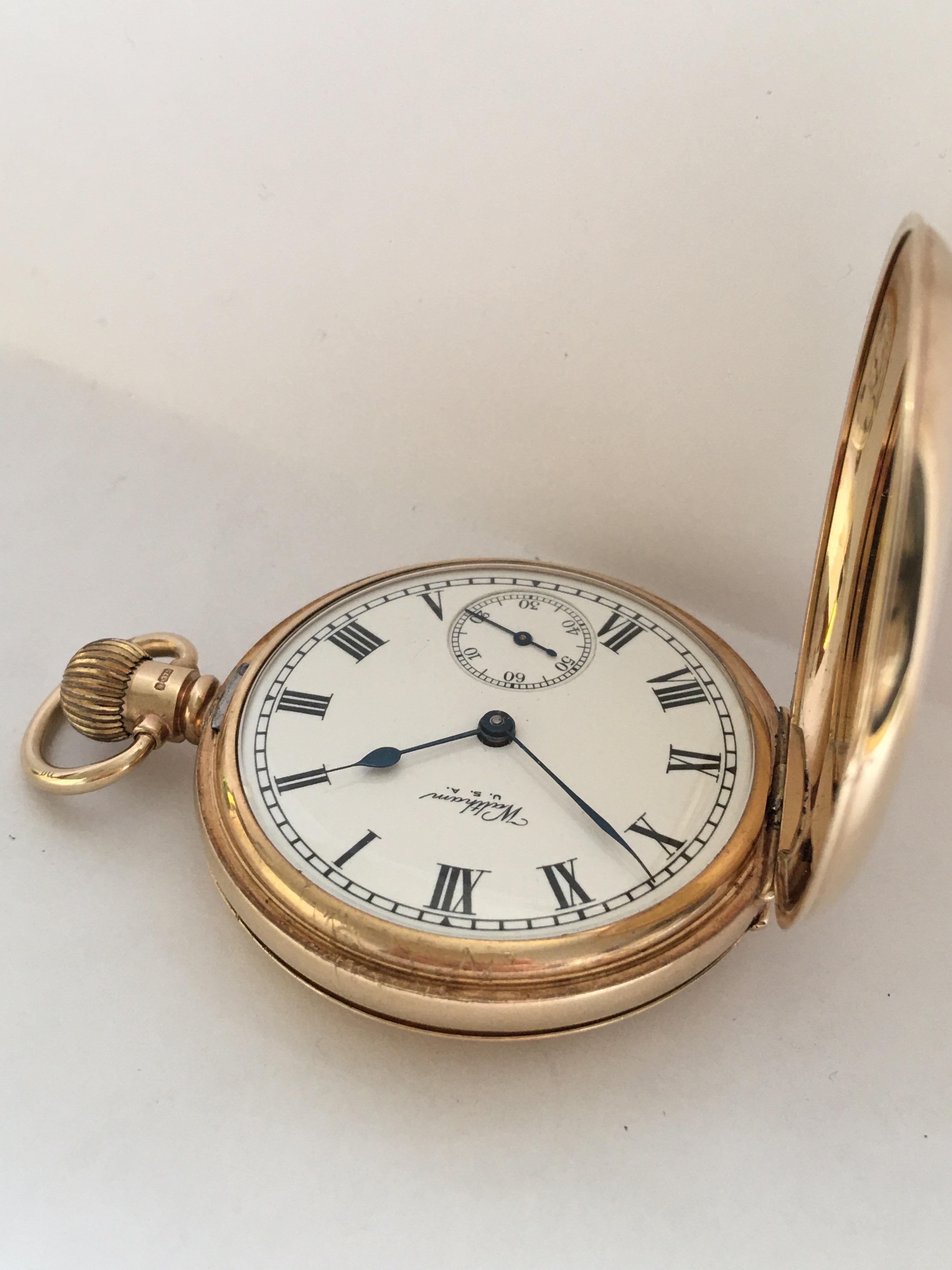 9 Karat Gold Full Hunter Cased Pocket Watch Signed A.W.W. Co. Waltham Mass U.S.A 9